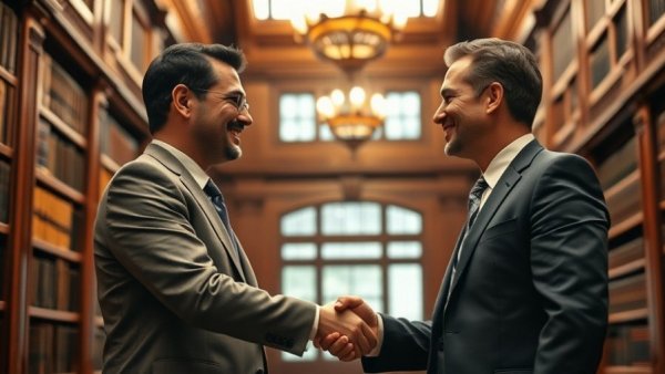 Formal handshake between two people in wooden library, US news articles context.
