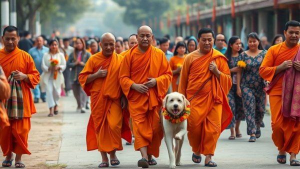 Vibrant procession of monks in Texas with diverse participants.