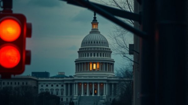 US Capitol dome at dusk with red light—government shutdown news.