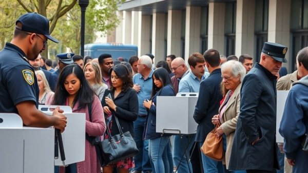 Voters in line and casting ballots, highlighting voting rights.