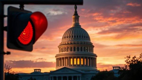 U.S. Capitol dome with red light symbolizing government shutdown.