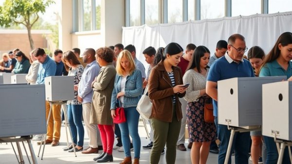 Voter ID requirements: people voting inside and outside polling locations.