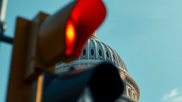 US Capitol dome partially obscured by red light, government shutdown concept.