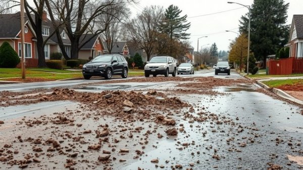Water main break Leander aftermath with muddy streets and parked cars.