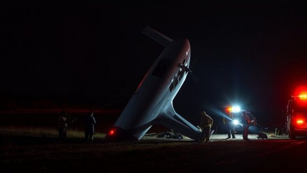 Nighttime East Texas plane crash scene with responders illuminated.