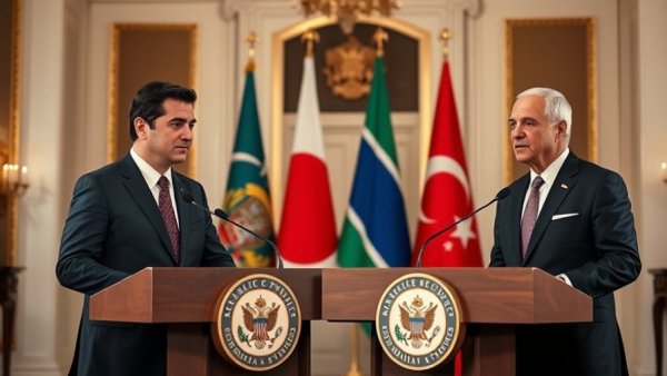 Formal press conference scene with international flags - breaking US news