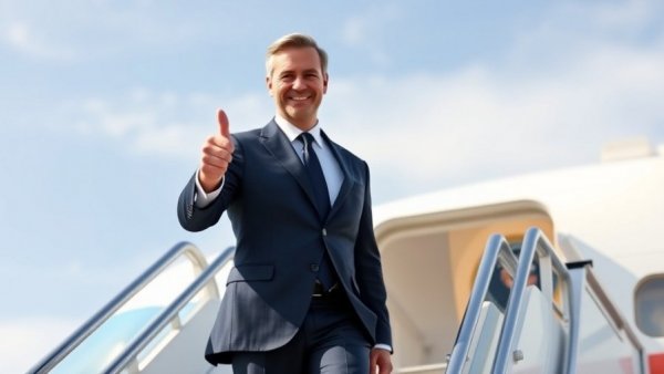 Confident man on aircraft stairs gives thumbs up, US News Articles.