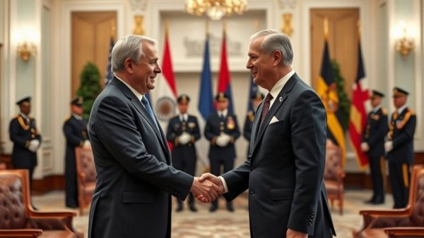 U.S. Secretary and Slovak official in a formal handshake, diplomatic meeting.
