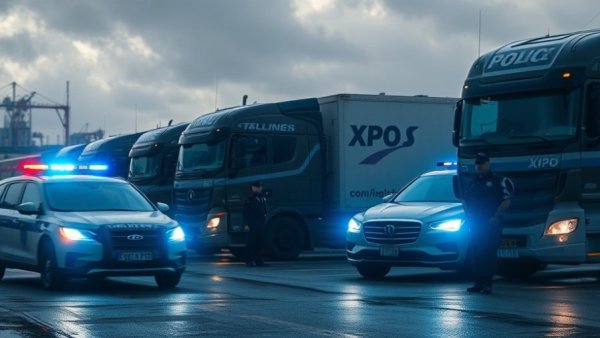 Police at San Antonio logistics center, XPO trucks, shooting scene.