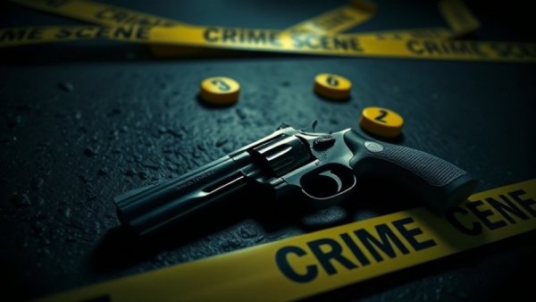 Dallas news shooting theme; revolver and evidence markers at crime scene.