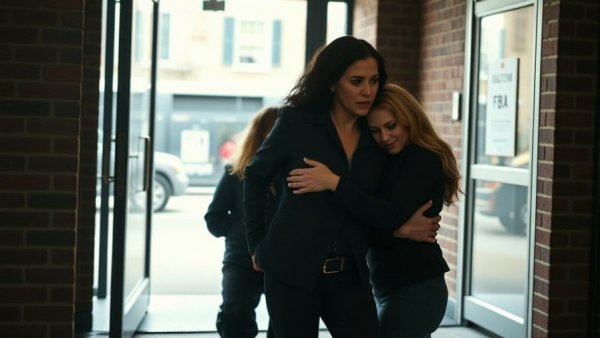 National news scene: FBI agents alongside a joyful embrace.