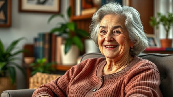 Older woman smiling indoors with books and plants, breaking US news.