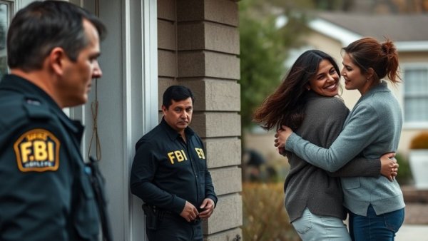 FBI agents investigate as women share an embrace, daylight scene.