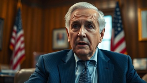 Older man in a blue suit speaking in an office setting, Generally Recognized As Safe.