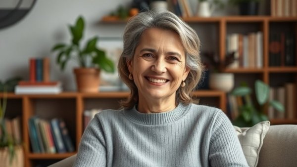 Mature woman smiling in a cozy setting, breaking US news.