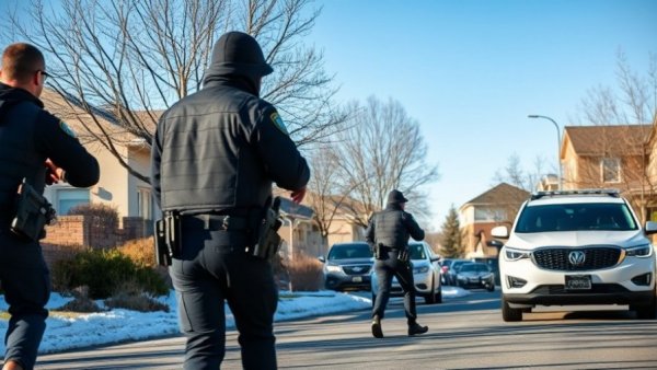 Homeland Security officers during a patrol in a snowy suburb.