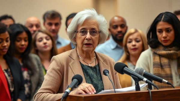 Elderly woman discusses teachers rights on union dues at a conference.