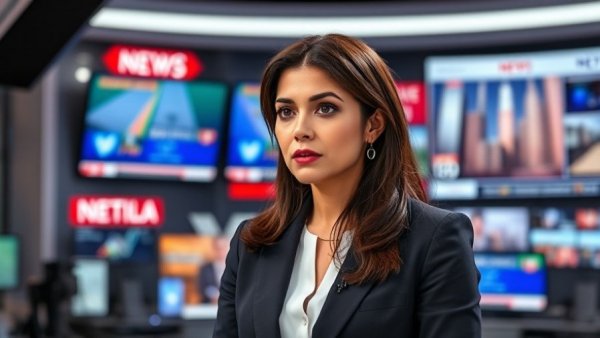 Professional newscaster delivering breaking national news in studio.