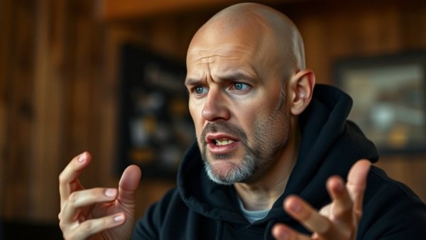 Man intensely discussing DHS funding battle indoors.