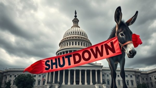 Government shutdown visual featuring Capitol and political symbols.