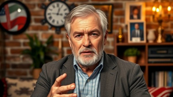 Middle-aged man in studio discussing US Iran relations on TV