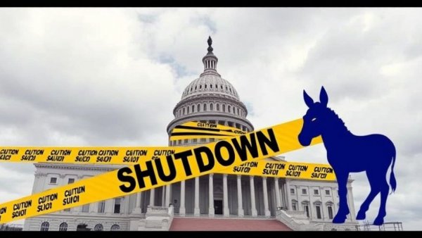 Government shutdown impact visual with Capitol and symbols, cloudy day.