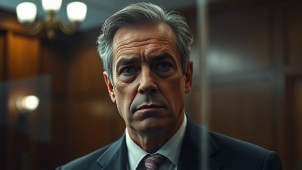 Man behind glass in courtroom with concerned expression.