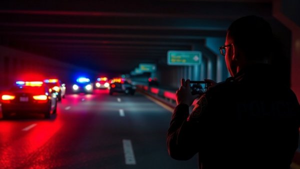 Nighttime police investigation under Houston overpass with flashing lights.