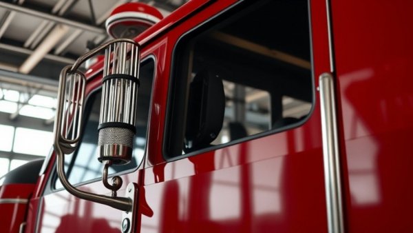 Close-up of firetruck ladder section in a garage, focus on design details.