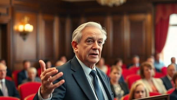 Distinguished speaker discussing Texas state news in a formal setting.