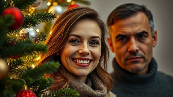 Georgia teacher with festive decor and serious man in plain setting.
