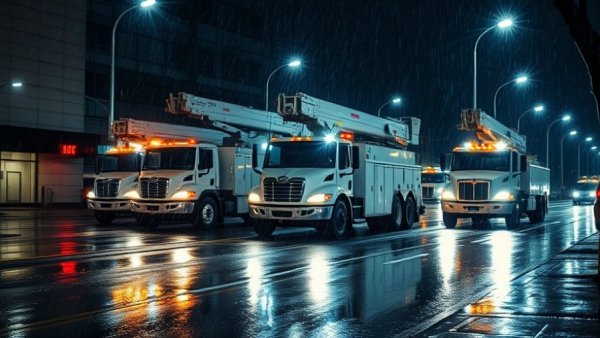 Utility trucks working during stormy night in Central Valley, rain pouring.