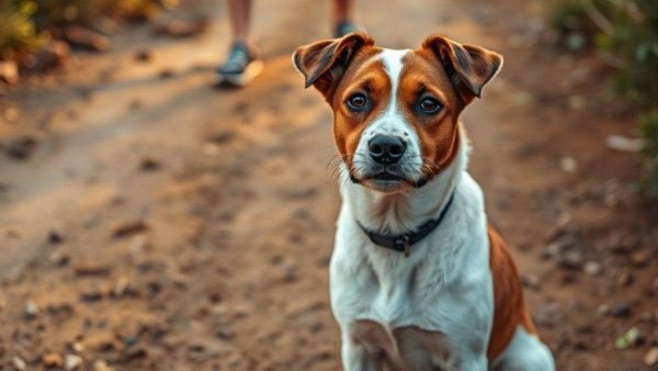 Curious dog on a dirt path emphasizing San Antonio dog safety.