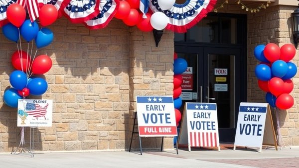 Polling site with early voting sign and festive balloons for Bexar County DA candidates.