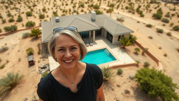 Desert home aerial view with smiling woman and news logo.