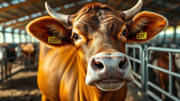 Curious brown cow in a feedlot highlighting Texas BBQ crisis.