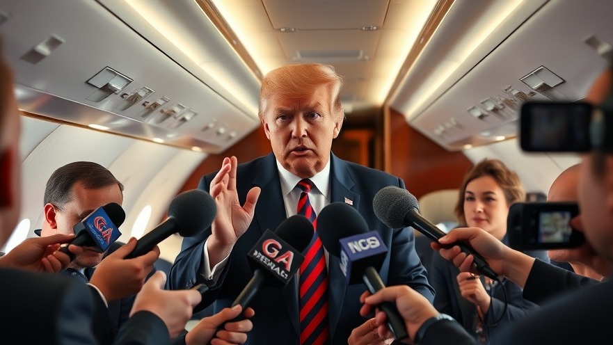 Trump government shutdown news: confident male figure speaking in airplane surrounded by reporters.