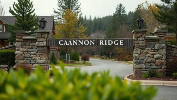 Cannon Ridge entrance sign on stone wall on an overcast day related to murder-suicide in Austin.