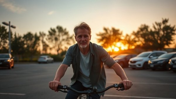 Cyclist engaging with camera in Austin parking lot, sunset backdrop.