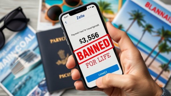 Travel scams warning with payment app and banned stamp.