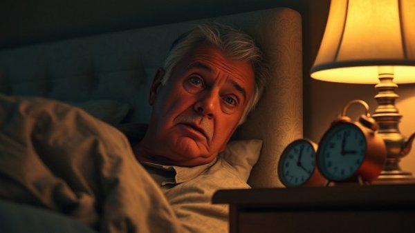 Elderly man worrying about time in a dimly lit bedroom.