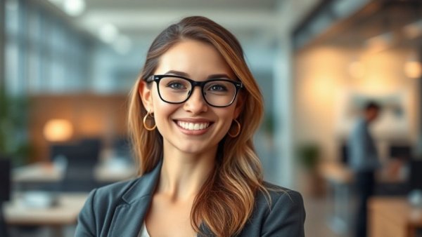 Confident young woman in office setting for Amwell 2026 revenue guidance discussion.