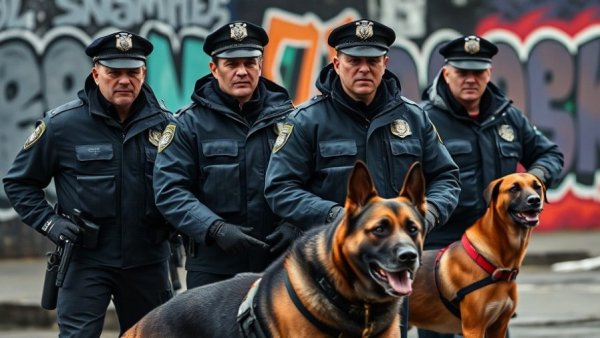 Police with dog respond to French far-left party bomb threat in graffiti-marked street.