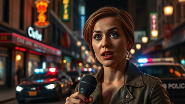 San Antonio news crime report at night with female reporter and police presence.