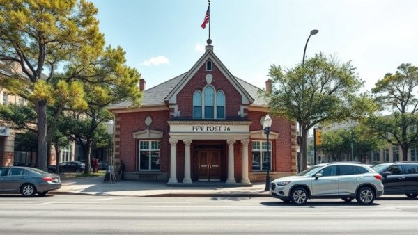Historic VFW Post 76 building in an urban setting, daytime view.