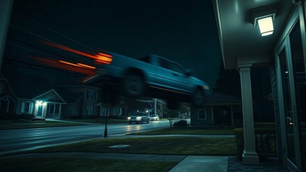 Night scene with truck flying towards Oregon home, captured from porch.