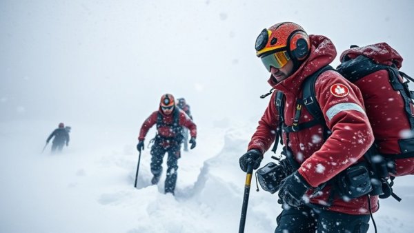 California avalanche rescue team in snowy landscape.