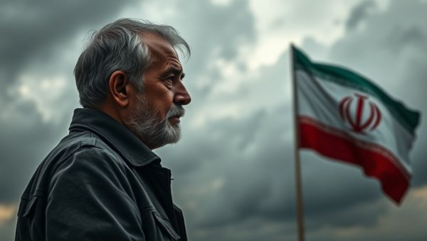 Solemn older man with Iranian flag in cloudy background