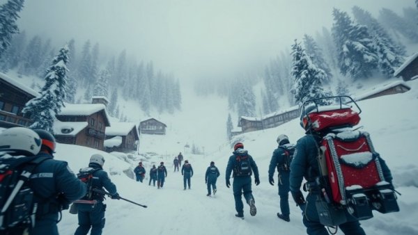 California avalanche news: Rescuers in action during snowfall.