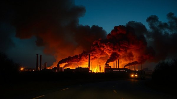 Intense industrial fire at night with smoke, captured for Houston news today.